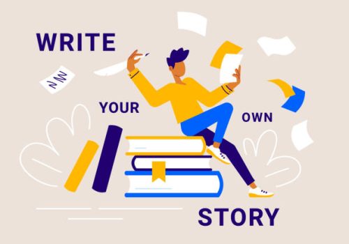 Vector creative business illustration of man with pen and paper sitting on book on color background with word. Writer starting write. Creativity inspiration concept. Flat line art style design of work people for web, site, poster, banner